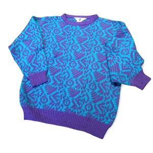 Vintage 80s Geometric Knit Sweater The Bay Purple Blue Acrylic Retro Cottagecore